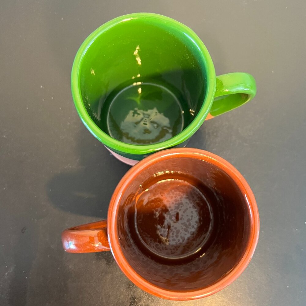 Set of 2 Handcrafted Terra Cotta Pottery Coffee Mugs Asymmetrical Dipped Glaze - Picture 12 of 13